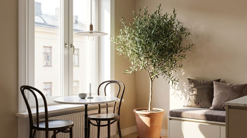 A sunlit tiny dining corner with marble table and black chairs creating an intimate dining nook atmosphere