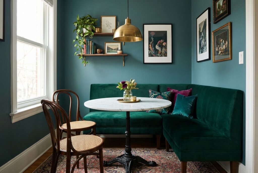 Classic marble bistro table with iron base and bentwood chairs in apartment corner