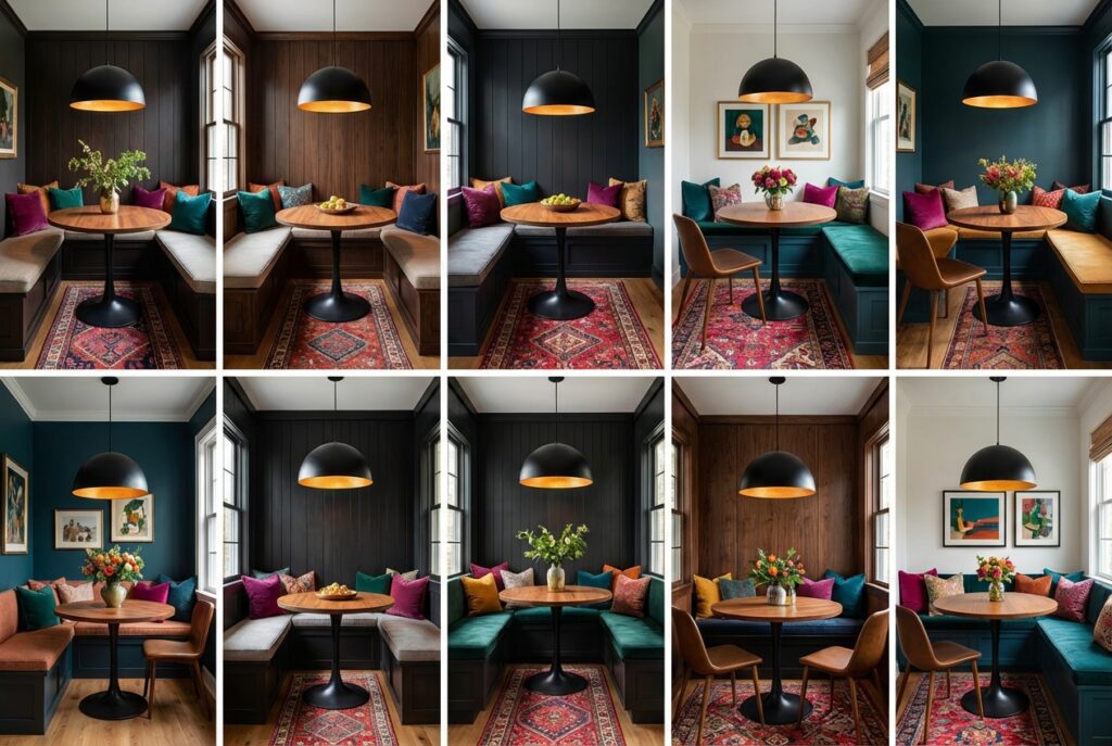 Black dome pendant light hanging low over round dining table creating intimate lighting in minimalist dining space setup