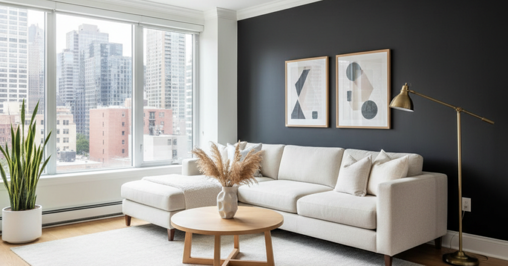 Modern living room with matte black accent wall, white trim, and bright natural lighting