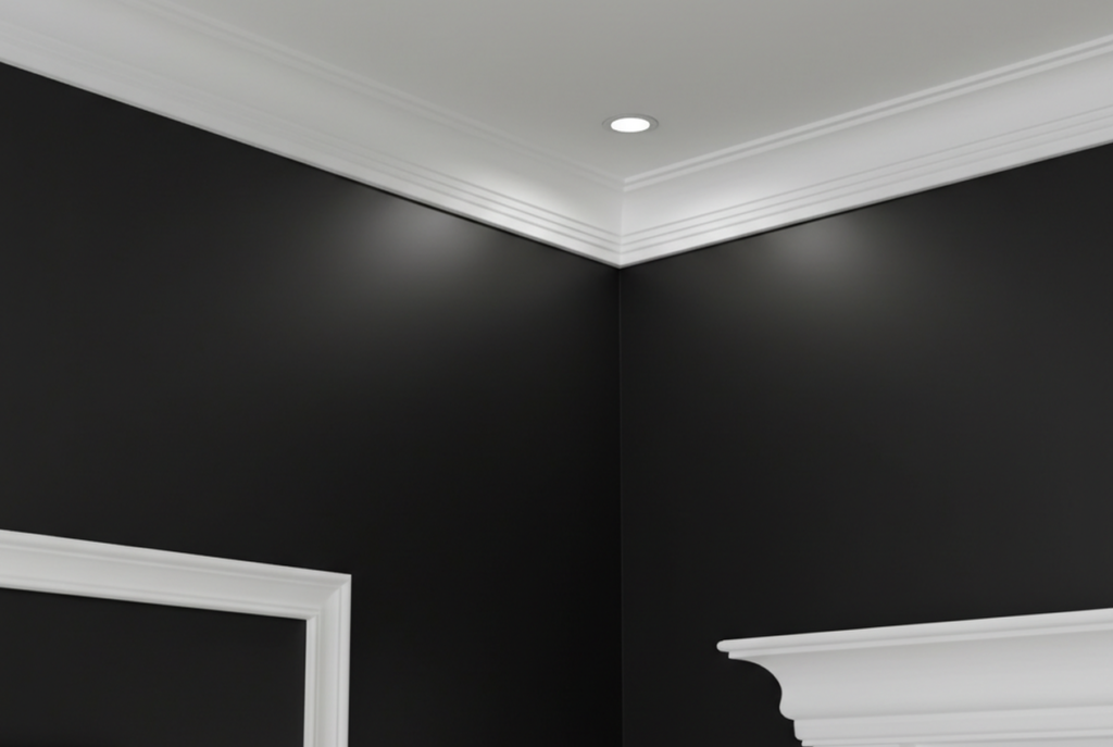 Clean paint line between matte black wall and white trim baseboard