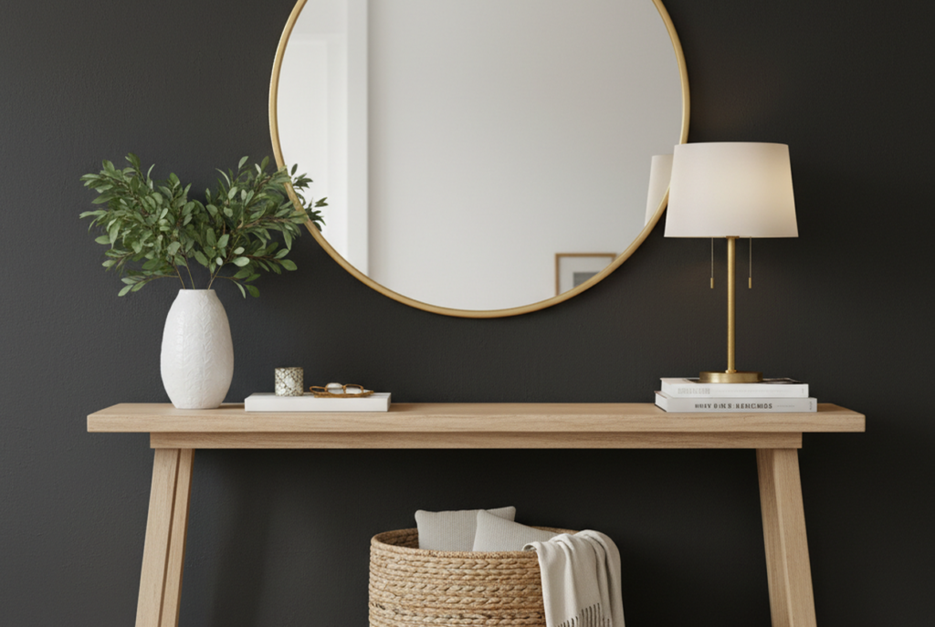 Console table against black wall with brass mirror and white ceramic accessories